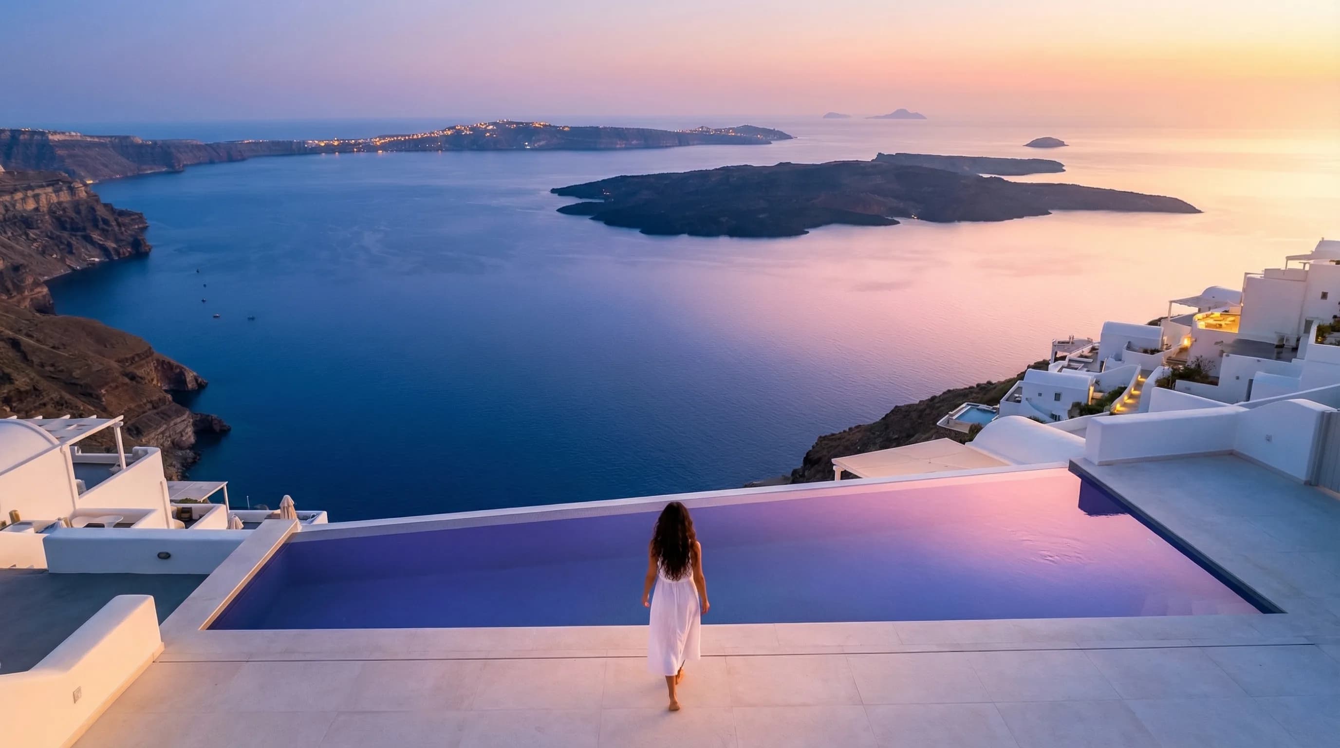 Santorini at sunset — the Harmonic 639 hero scene
